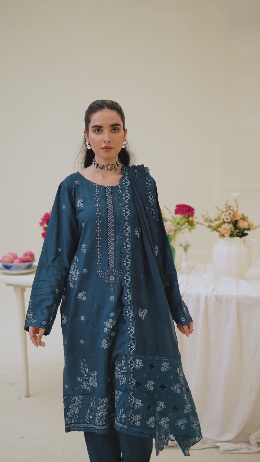 Luxury Blue 3 Pcs Doria Embroidered Viscose Suit