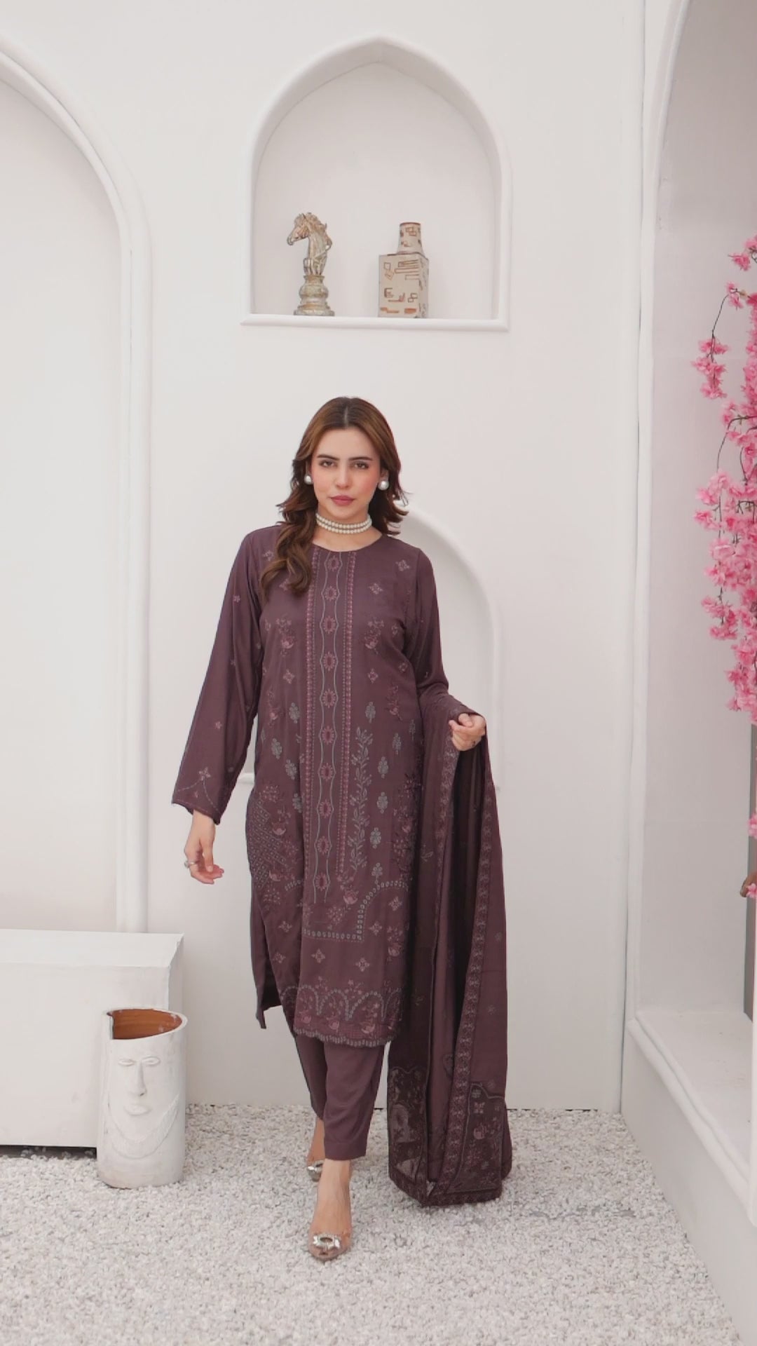 Luxury Plum 3 pcs Embroidered Dhanak Dora Set