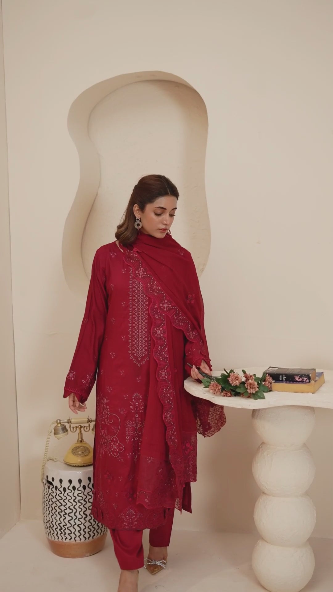 Deep Maroon 3 Pcs Embroidered Viscose Doria Suit