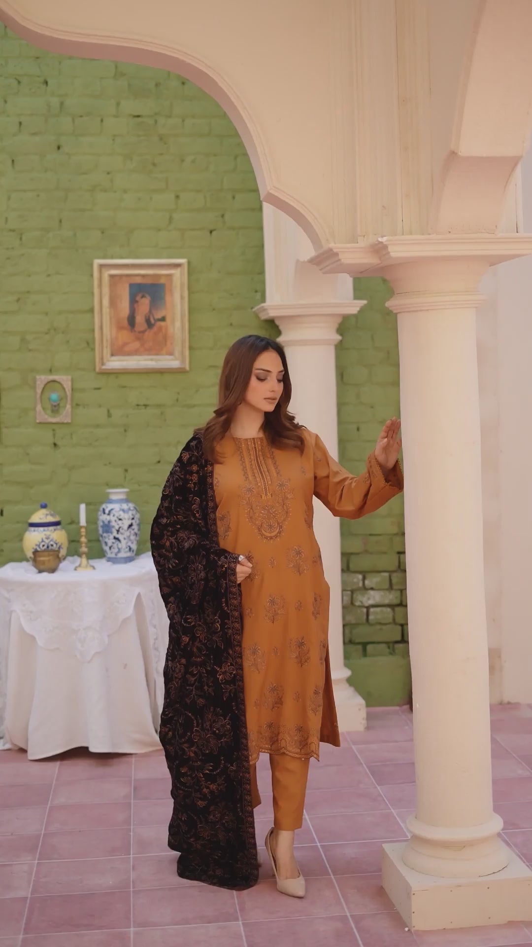 Luxury Mustard 3 Pcs Embroidered Dhanak Set