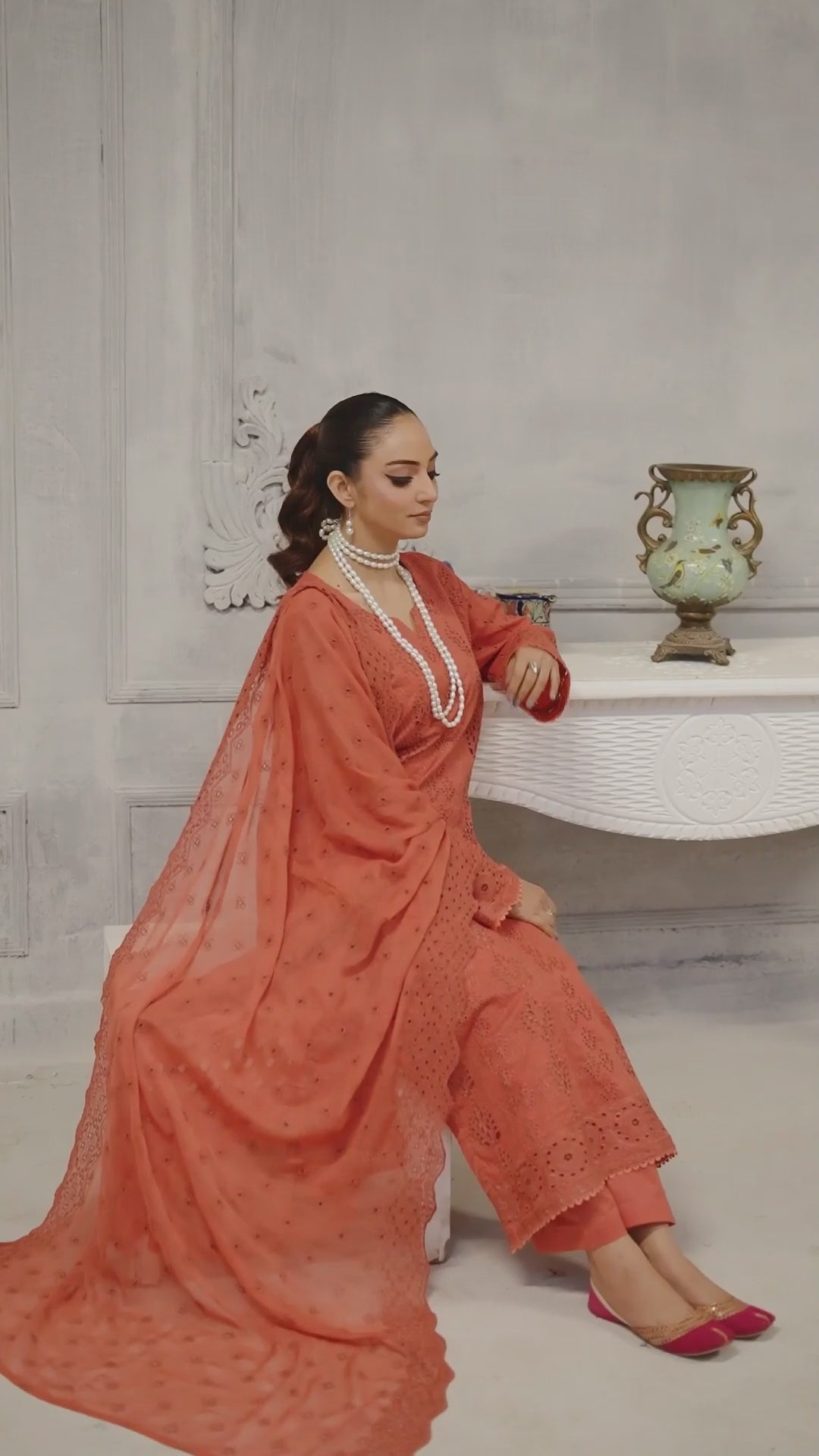 Peach Schiffli Embroided Lawn Set