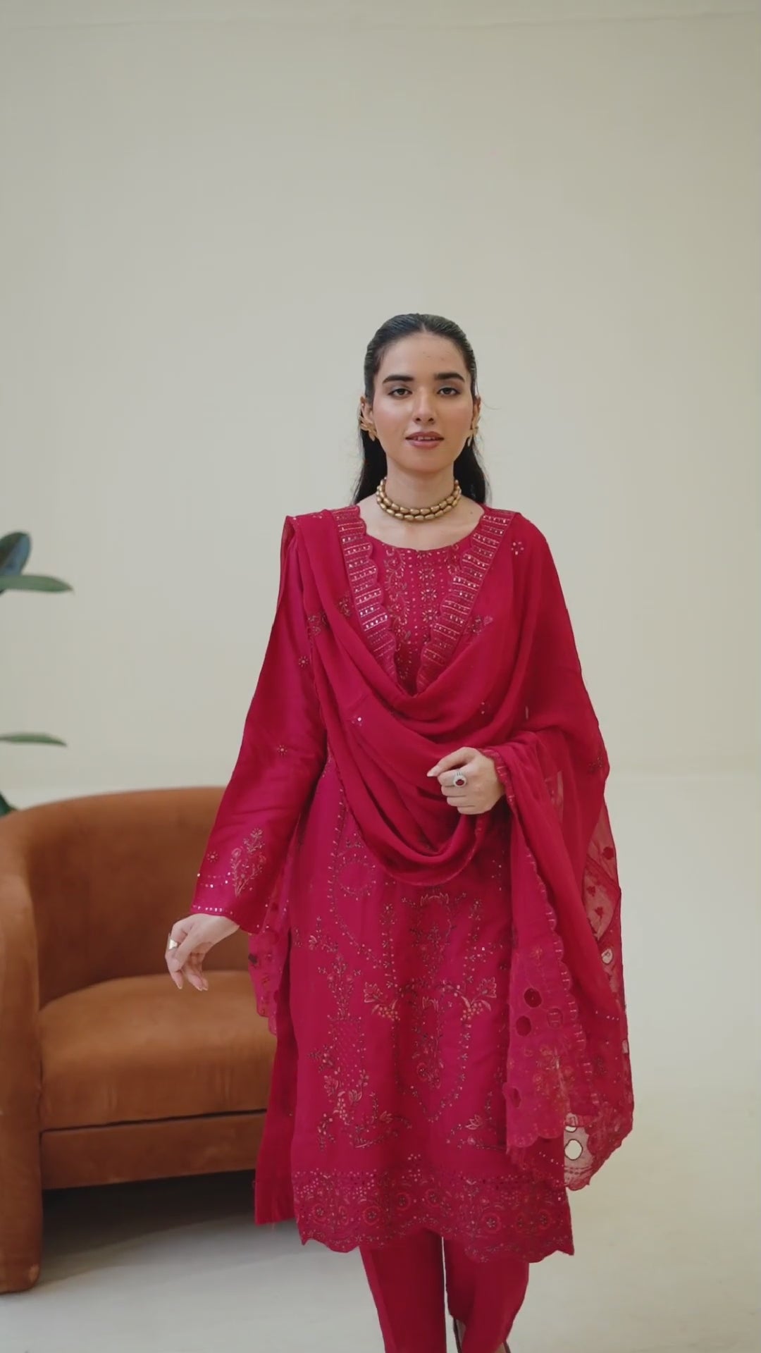 Deep Pink 3 Pcs Doria Embroidered Viscose Suit