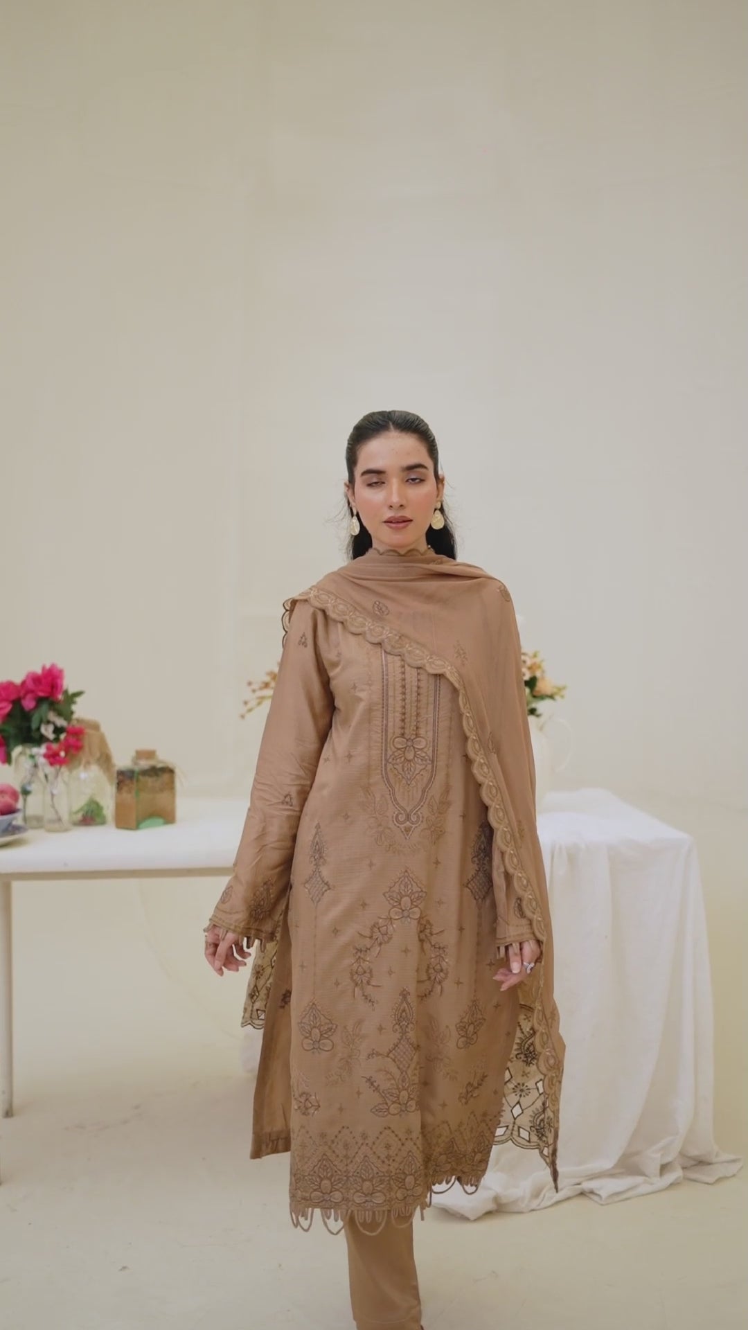 Luxury Beige 3 Pcs Doria Embroidered Viscose Suit