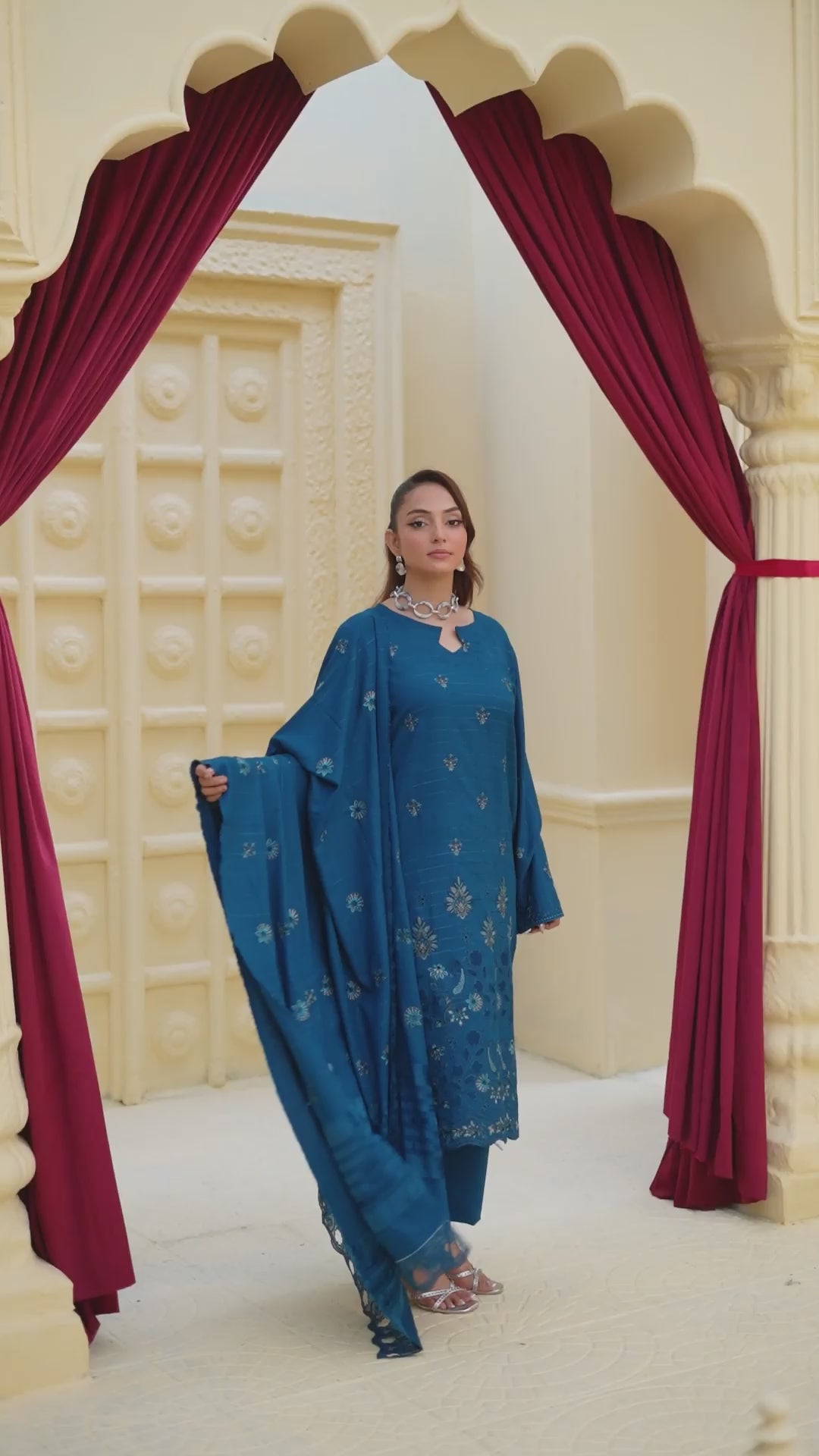 Luxury Blue 3 Pcs Dhanak Embroidered Applique suit