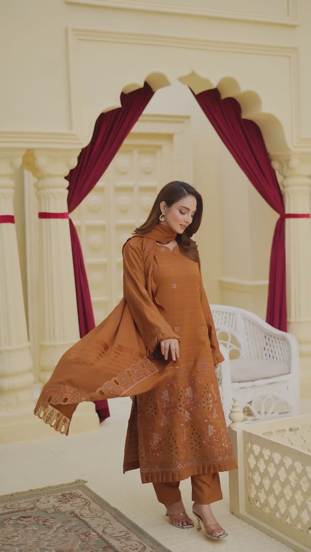 Mustard 3 Pcs Dhanak Embroidered Applique suit