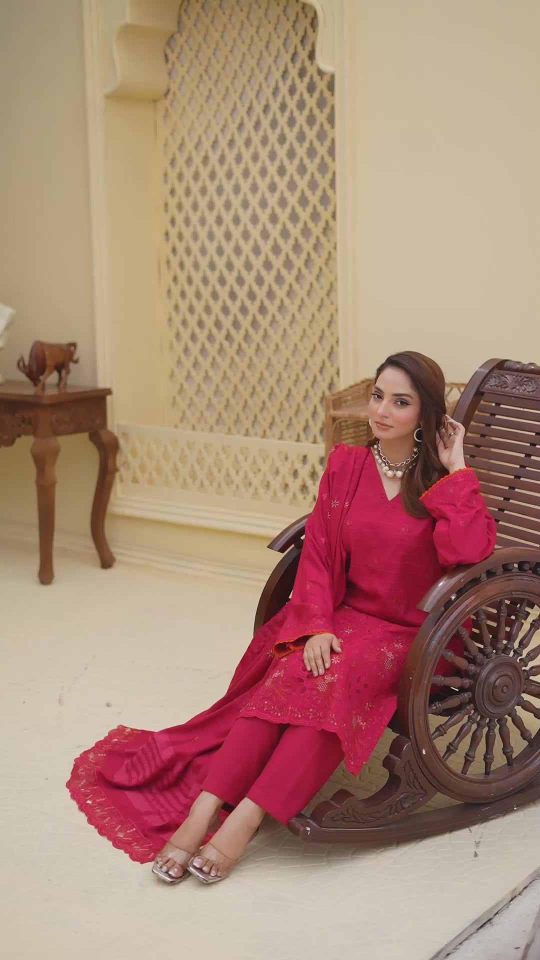 Deep Pink 3 Pcs Dhanak Embroidered Applique suit